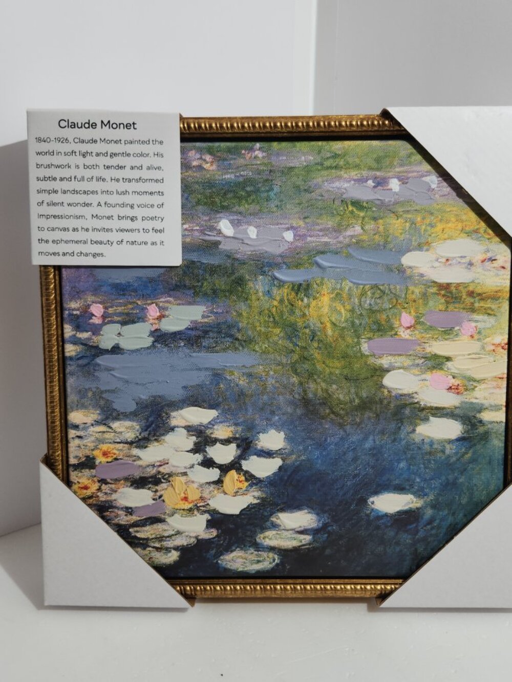 Claude Monet Water Lilies Style Framed Canvas - Blue, Green, Pink 12x12 Inch